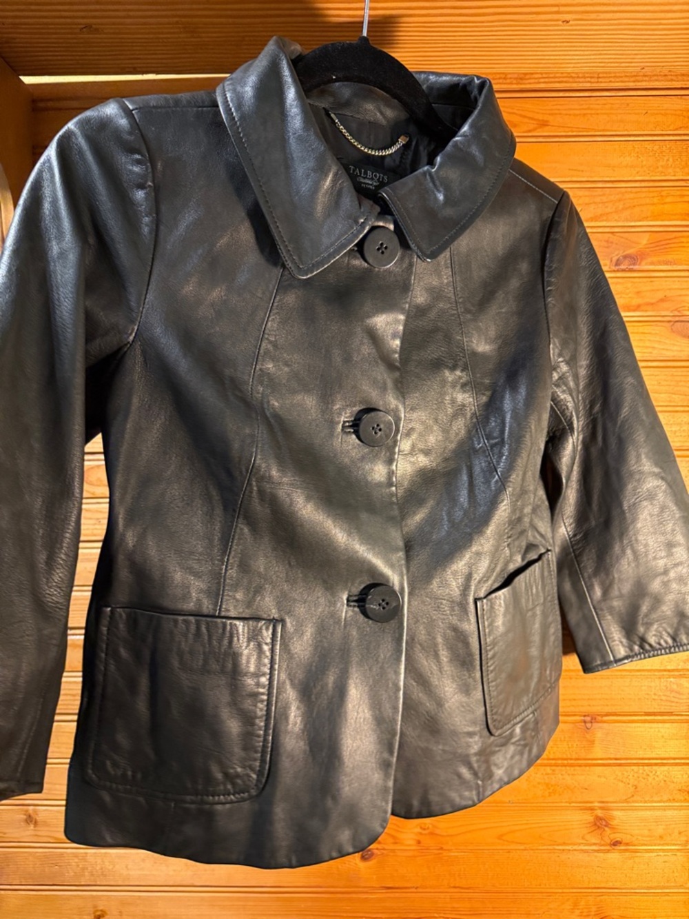Talbots Black Leather short Button-Front Jacket with Pockets